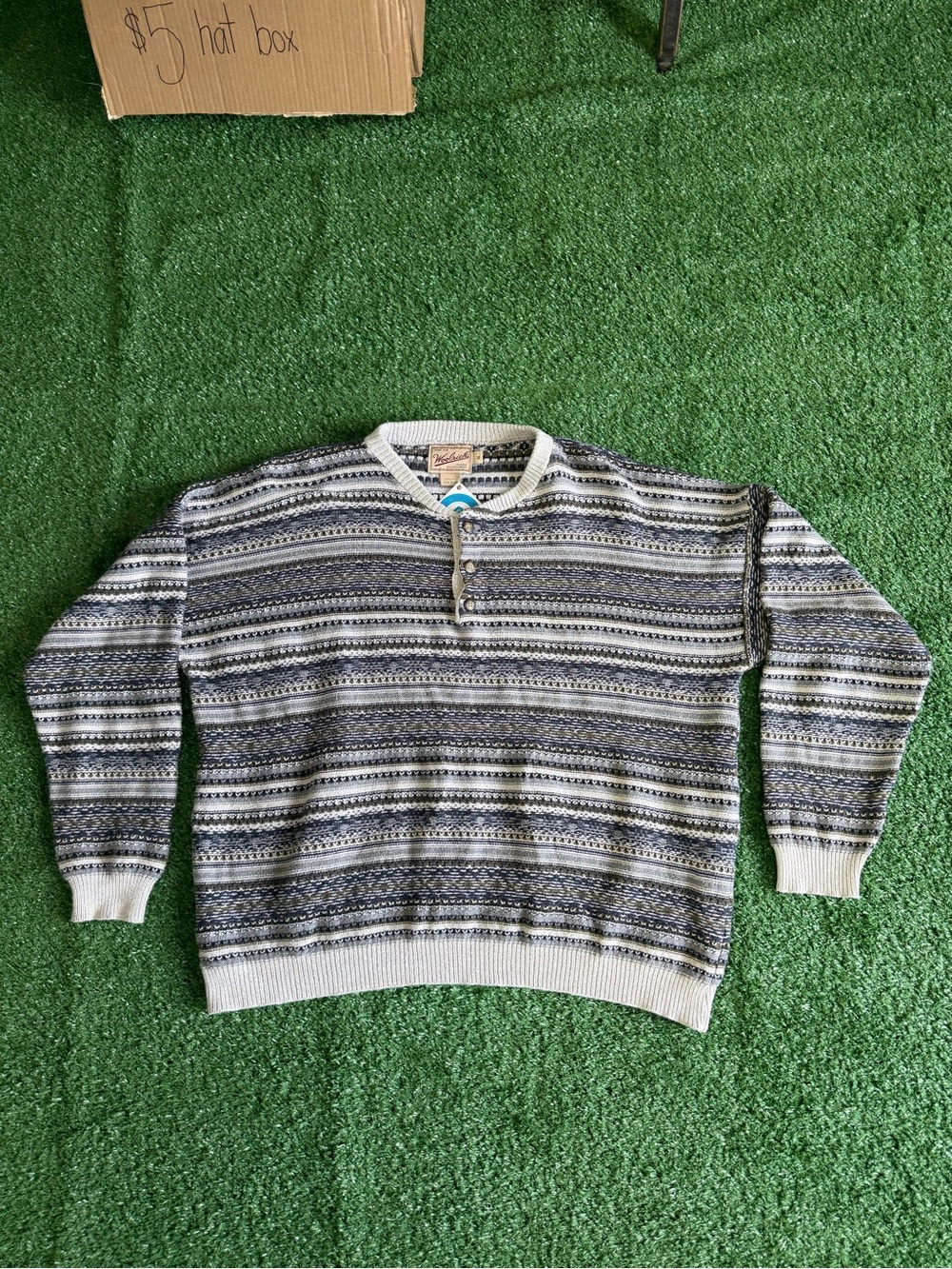 Men's Patterned Henley Sweater - Cream and Navy